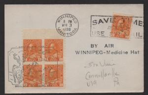 $Canada Sc#126a block of 4 on cover, Winnipeg to Medicine Hat 1930