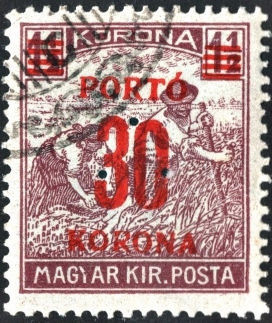 Hungary SC#J87 30k Reaper: Red Overprint (1921) NH/CTO