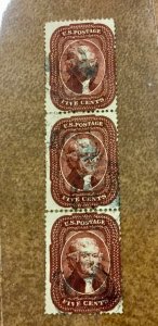 28A 1858 INDIAN RED used Rare strip of 3  PF Certificate BRIGHT rare shade