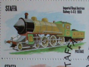 STAFFA STAMP-1974- COLORFUL WORLD FAMOUS TRAINS CTO S/S SHEET VERY FINE