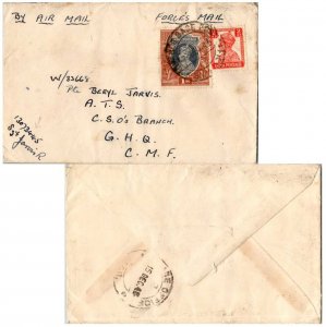 India 2a and 1R KGVI 1941 Advance Base Post Office No. 8 Bomnbay to Central M...