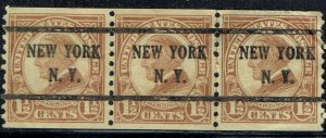 1925 1.5c HARDING w/ Bureau precancel coil f/ NEW YORK NY(598-43) Line STRIP 3! 