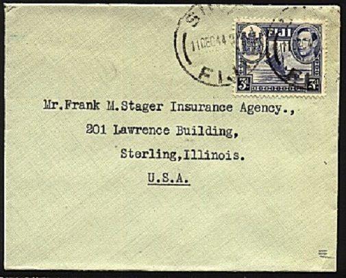 FIJI 1944 GVI 3d single franking cover ex Suva to USA......................98219