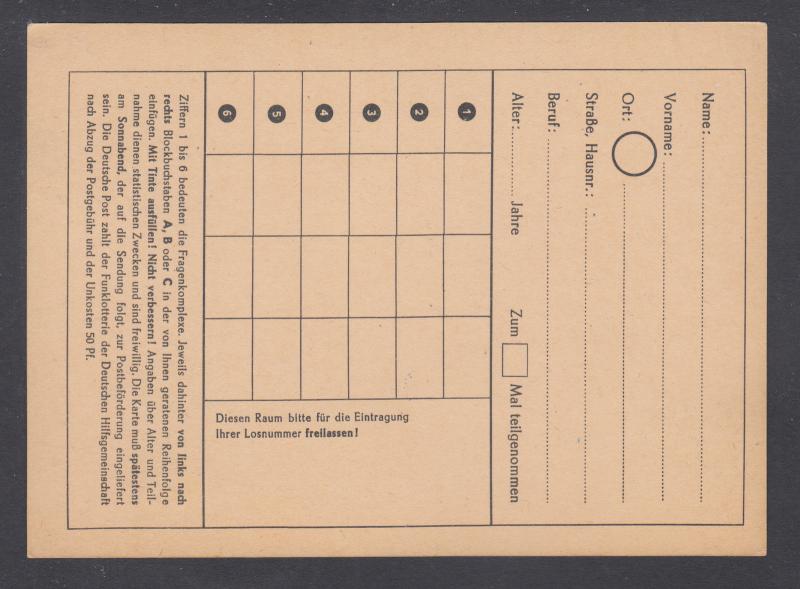 Germany H&G X2 mint. 1950 10pf Radio Lottery Card, fresh