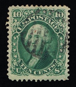 GENUINE SCOTT #68 USED VF 1861 VIVID GREEN COLOR 6-BAR GRID IN CIRCLE CANCEL