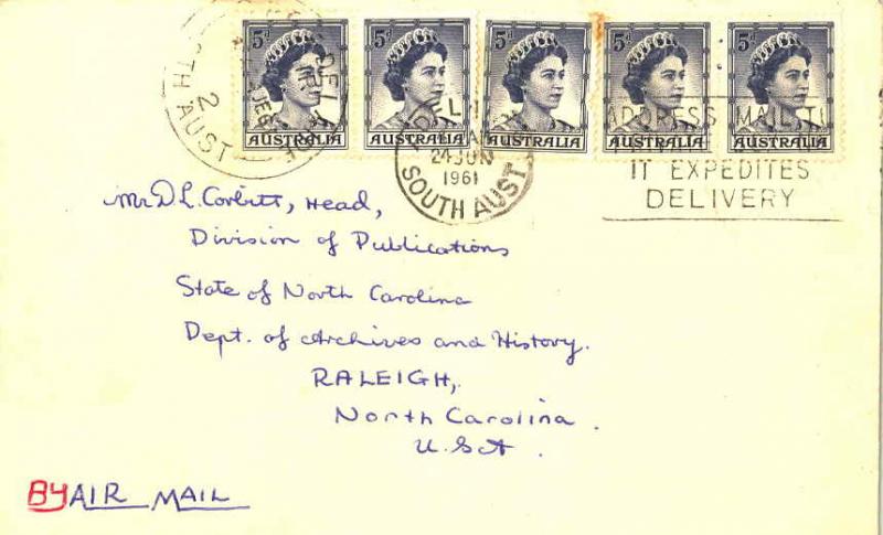 Australia 5d QEII (5) 1961 Adelaide, South Aust. Airmail to Raleigh, N.C.  Sm...