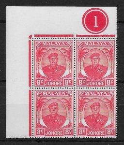 MALAYA JOHORE SG138 1949 8c SCARLET PL.BLOCK OF 4 MNH