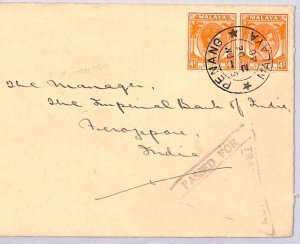 Malaya STRAITS WW2 Censor 4c Cover PENANG 1940 *STARS* CDS Ferozepore India YB47