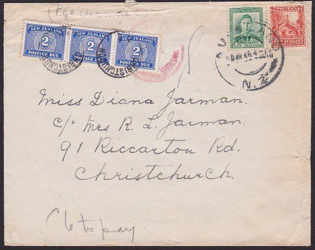 NEW ZEALAND 1946 cover with 6d postage due paid by strip of 3 2d............1862