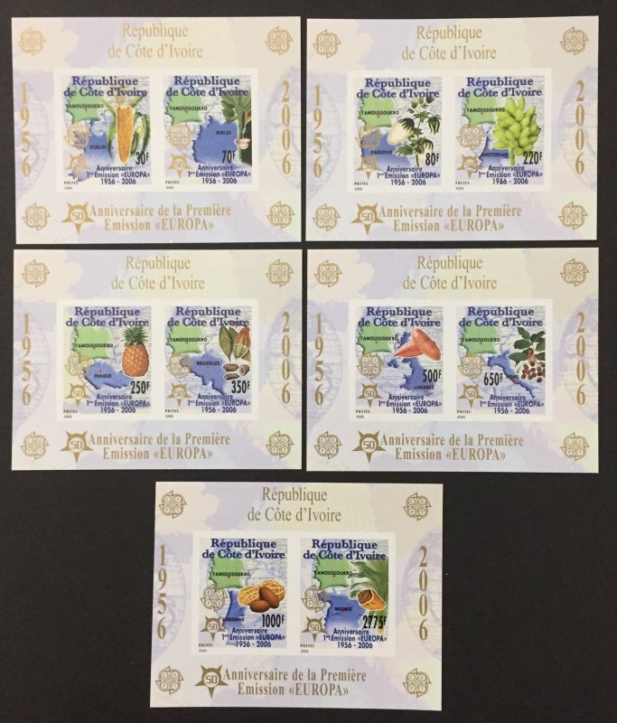 Ivory Coast 2006 #1156-65 M/S(5) Imperforate, Europa 50th Anniversary, MNH.