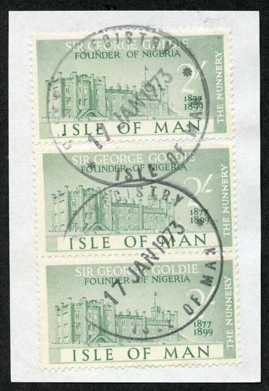 Isle of Man 2/- Green Strip 3 QEII Pictorial Revenues CDS On Piece