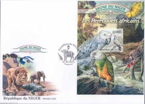 FAUNE OF NIGER 2013  PARROTS SOUVENIR SHEET  FIRST DAY COVER