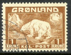 GREENLAND 1938-46 1k POLAR BEAR Scott No. 9 VFU