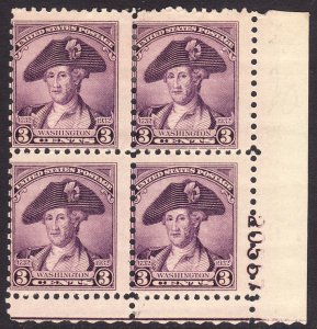 1932 U.S George Washington plate number block 3¢ issue MLMH Sc# 708 CV $15.00