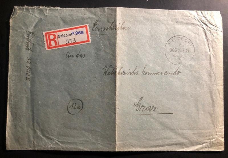 1945 Feldpost Germany Registered Cover To Wehrkreiskommando Graz 