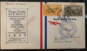 1937 Manila Philippines First Flight Cover FFC to USA Via Macau Transpacific