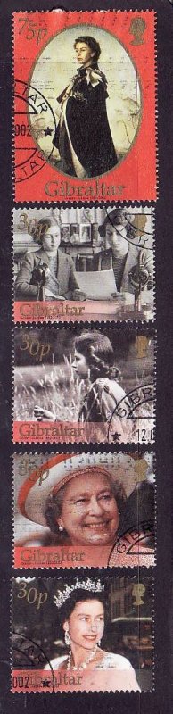 Gibraltar-Sc#896-900-used set-QEII-50th Reign-2002-small hinge remnant on backs-