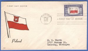 US 1943  Sc 909c 5c POLAND Overrun Nation, Cachet FDC, Printing ERROR, cv $150+