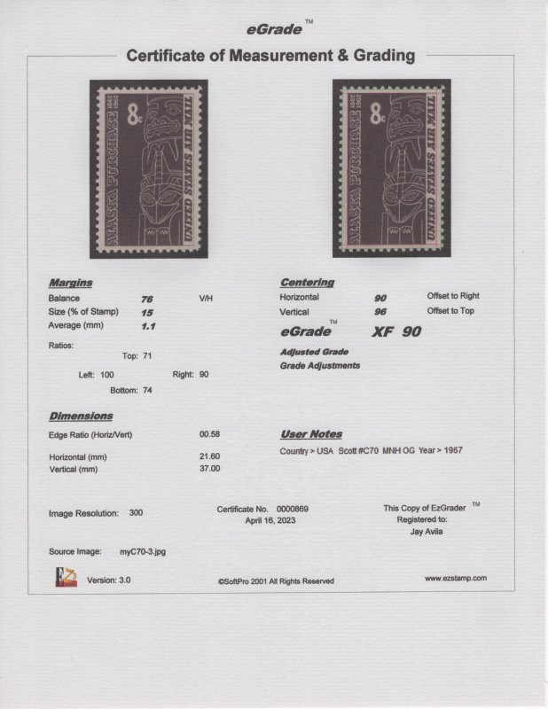 US Scott #C70 MNH OG 8c Indian Totem eGraded With Certificate > eGrade XF 90