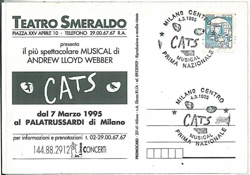 MUSIC MUSICAL : CATS - POSTMARK ON POSTCARD: ITALY 1995