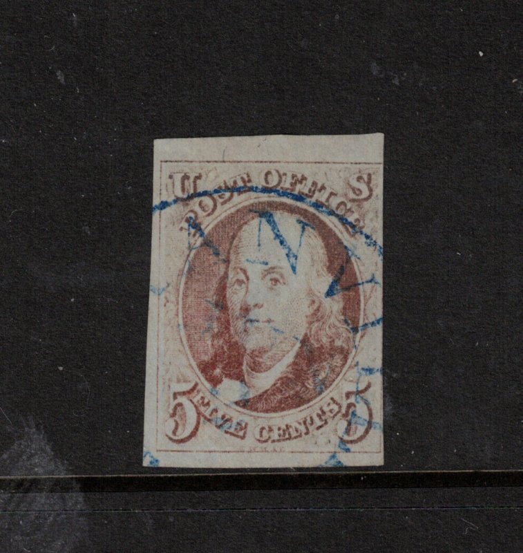 USA #1 Used Fine+ With Lovely Blue Town Postmark - Corner Crease **With Cert.** 