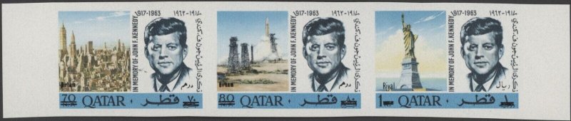 1966 Qatar Scott 102A.  Kennedy Strips of 3 Imperforate MNH