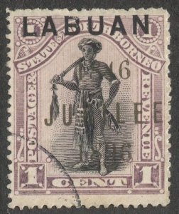 LABUAN 1896 Sc 66  1c Dyak Chieftain JUBILEE Overprint, VF Used