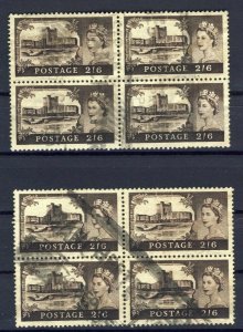 8x Great Britain 2x No. 309 2/6 Castles Blocks of 4 used stamps