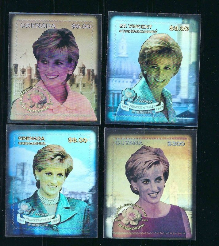 GRENADA,GUYANA,ST.VINCENT,1998,Lady Diana, hologram, 3d ,SET, unusual