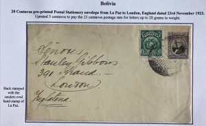 1924 La Paz Bolivia Postal Stationery Uprated  Cover To London England
