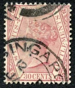 Straits Settlements SG69 Claret 30c Wmk Crown CA Cat 28 pounds