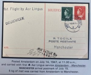 1947 Amsterdam Netherlands first Flight airmail PC Cover to Manchester England