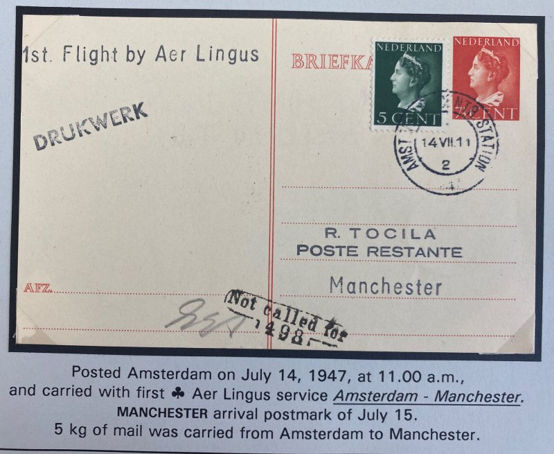 1947 Amsterdam Netherlands first Flight airmail PC Cover to Manchester England