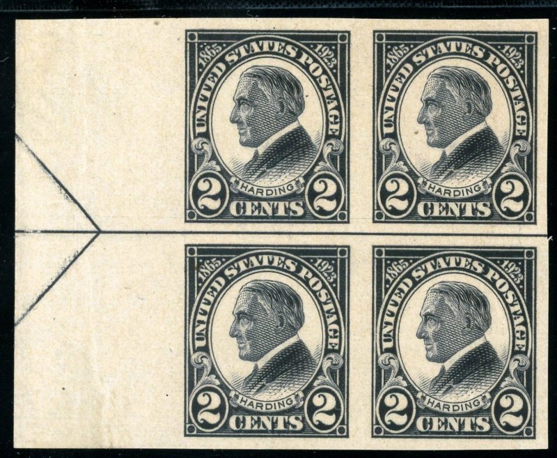 USAstamps Unused VF US 1923 Harding Imperf Margin Arrow Block Scott 611 OG MNH