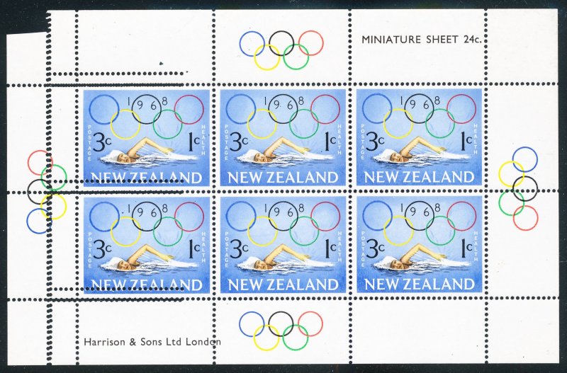 New Zealand Olympics Error Health 3c + 1c 1968 Swimming mini sheet treble perfs 