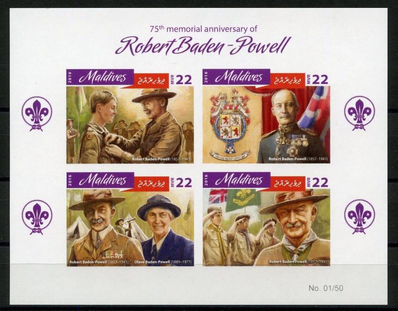 MALDIVES 2016 75th MEMORIAL ANNIVERSARY OF BADEN POWELL SHEET IMPERF  MINT NH