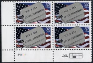 SC#2966 32¢ POW & MIA Plate Block: LL #P11111 (1995) MNH