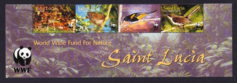 St. Lucia WWF Birds Bottom Strip of 4v WWF Logo 2001 MNH SC#1132-1135