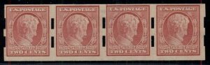 US #368, 2¢ Lincoln, Imperf Coil Line Strip of 4 w/Schermack Type III perfs LH