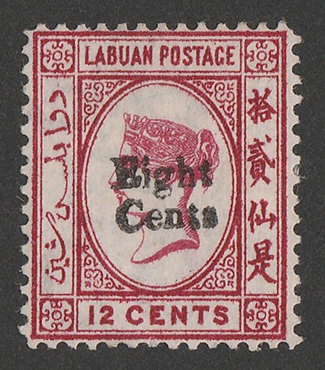 LABUAN : 1881 'Eight Cents' on QV 12c carmine, wmk crown CC. 