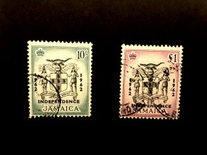 Jamaica: 1962 Independence Overprints, definitive set, 10/-, £1   Fine Used