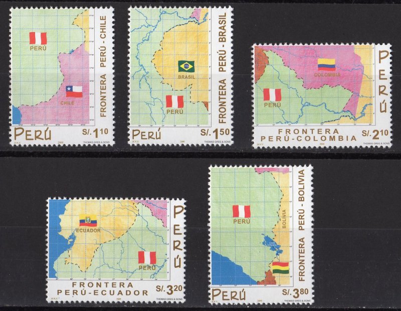 PERU 2000 Sc#1282/1286 FLAGS AND MAPS OF PERU BORDER SEPARATING Set (5) MNH