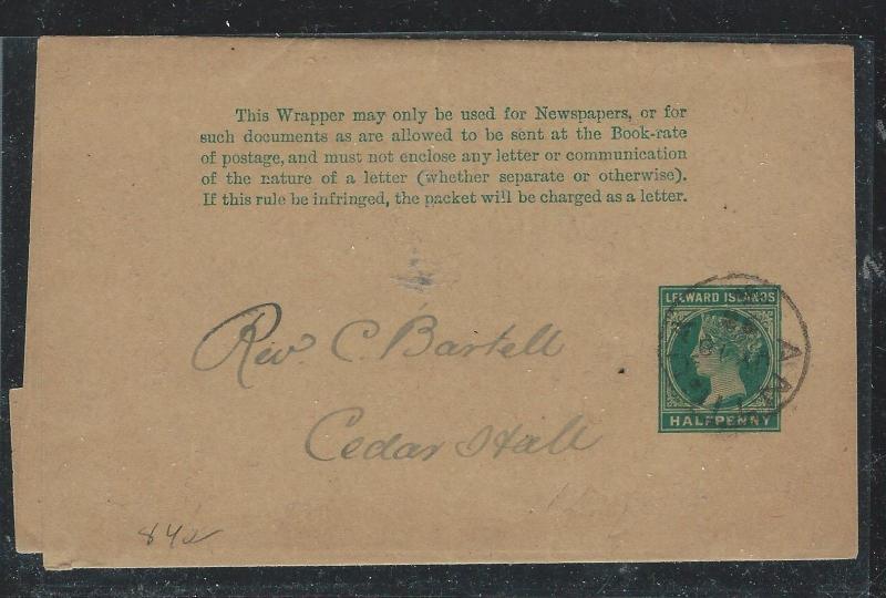 LEEWARD ISLANDS (P2712B) QV 1/2D PS WRAPPER 1892 FROM ANTIGUA TO CEDAR HALE