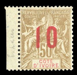 French Colonies, Ivory Coast #40a Cat$110, 1912 10c on 50c, wide spacing, hin...