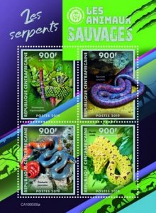 Central Africa - 2019 Snakes on Stamps - 4 Stamp Sheet - CA190509a