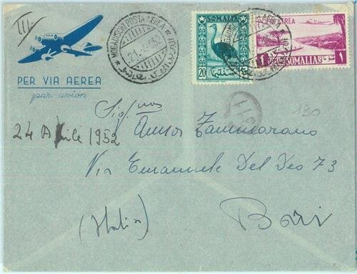 87562 - SOMALIA - Postal History - AIRMAIL COVER to ITALY 1952 - FAUNA Birds-