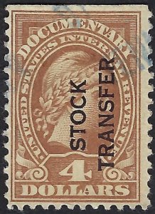 United States #RD15 $4.00 Stock Transfer overprint. Yellow brown. VG. Used.