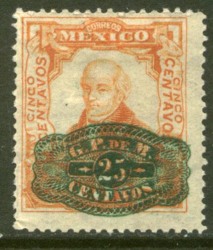 MEXICO 580, 25cents ON 5cent BARRIL SURCHARGE UNUSED, H OG. VF.