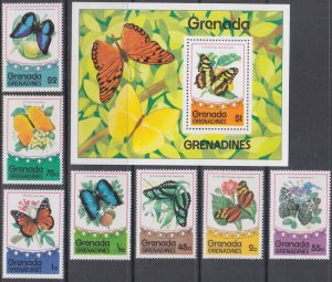 GRENADA GRENADINES Sc #75-82 CPL SET of 7 + S/S of BUTTERFLIES