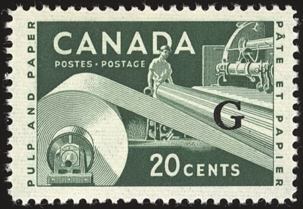 Canada Sc O45 VF/MNH - 1955 20¢ Paper Industry; Ovpt. ' G '